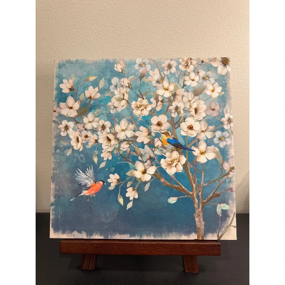 Wijotavic Bird and Blossom Canvas Wall Art Teal Blue Floral Decor 13x13